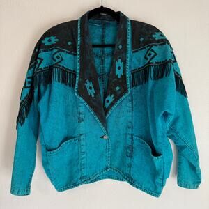 VTG Hand Painted Made in USA Southwestern Jacket Turquoise Black Fringe Beaded M